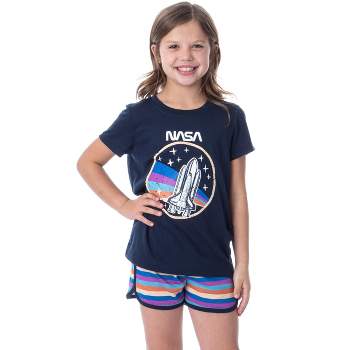 NASA Girls' Retro Stripes Rocket Sleep Pajama Set Shorts Crewneck Multicolored