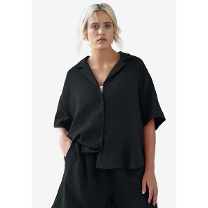 ellos Plus Size Button Front Gauze Camp Shirt - 1 of 3