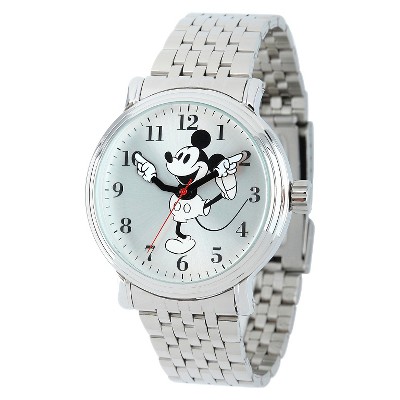 Men&#39;s Disney Mickey Mouse Shinny Black &#38; White Vintage Articulating Watch with Alloy Case - Silver