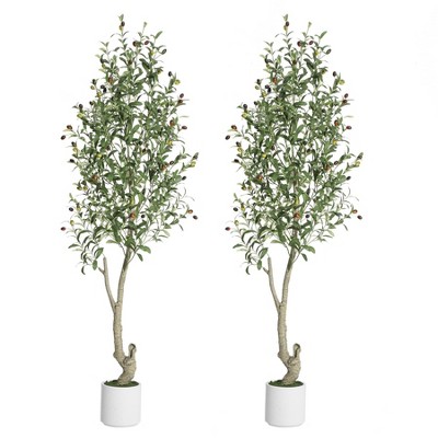 Tall Faux Olive Tree，5/6/7ft（60/72/84in） Tall Faux Olive Tree with White Planter and Green Fake Moss , 1 o r 2 Pack