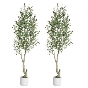 Tall Faux Olive Tree，5/6/7ft（60/72/84in） Tall Faux Olive Tree with White Planter and Green Fake Moss , 1 o r 2 Pack - 1 of 4