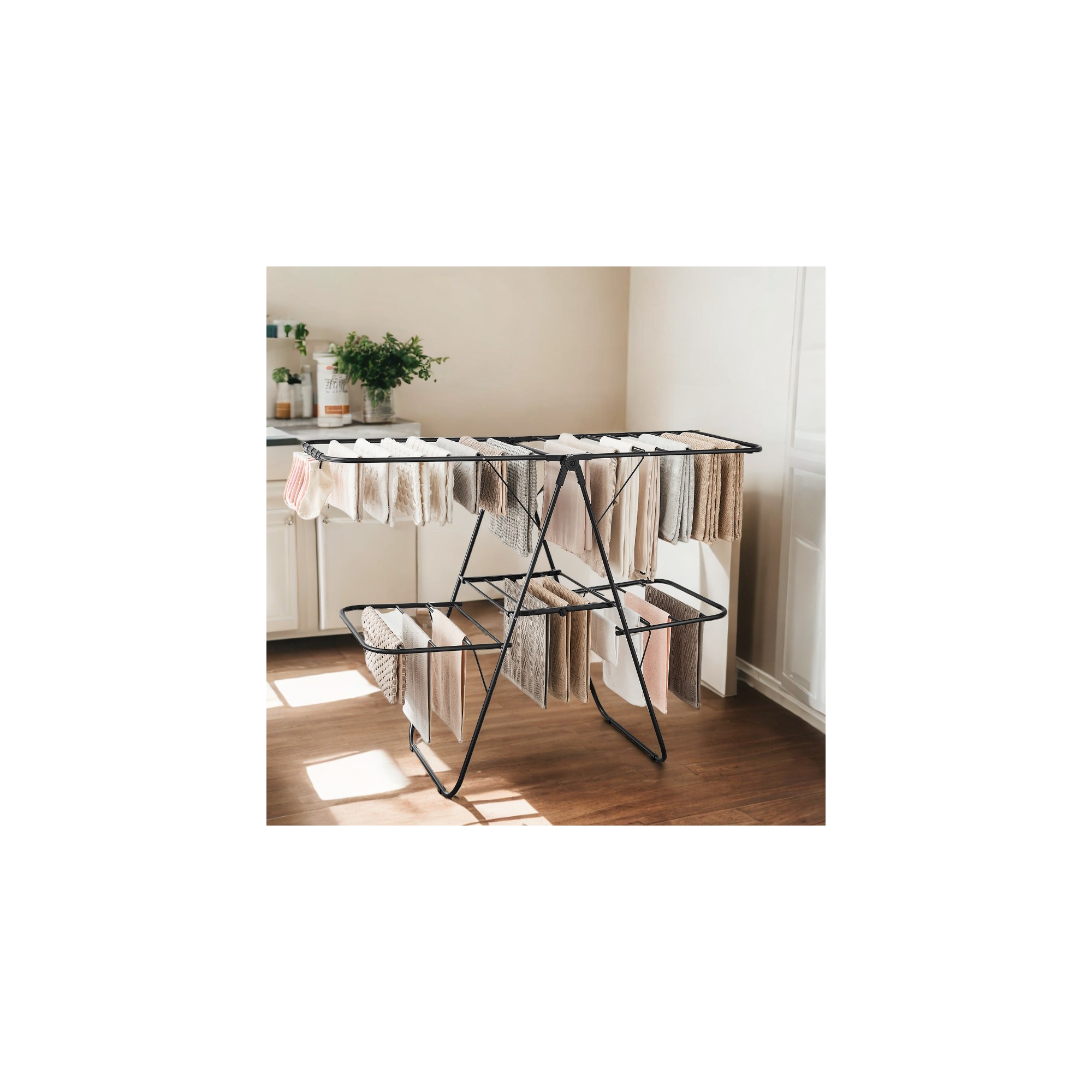 LEDREM Black Clothes Drying Rack, Foldable 2 - Level, Standing Large Drying Rack with Height - Adjustable Wings, 33 Drying Rails, and Sock Clips