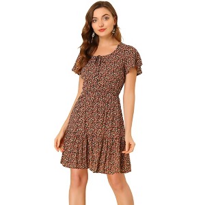 Allegra K Women's Flutter Sleeve Elastic Waist Swing Ruffle Hem Floral Dress - 1 of 4
