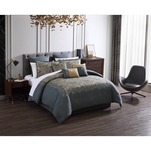 Riverbrook Home 9pc Queen Coley Comforter Bedding Set Blue: Jacquard Paisley, Polyester Fill, Machine Washable