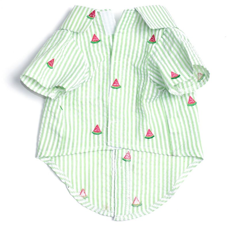 The Worthy Dog Embroidered Watermelon Stripe Seersucker Button Up Look Pet Shirt, 2 of 4