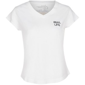 Reel Life Women's Ocean Washed Hibiscus Lines V-Neck T-Shirt - Dark Blue - 1 of 2