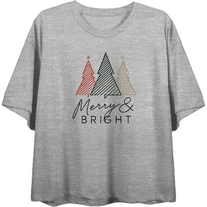 Merry & Bright Christmas Tree Line Art Women's Crew Neck Short Sleeve Crop Tee - 1 of 3