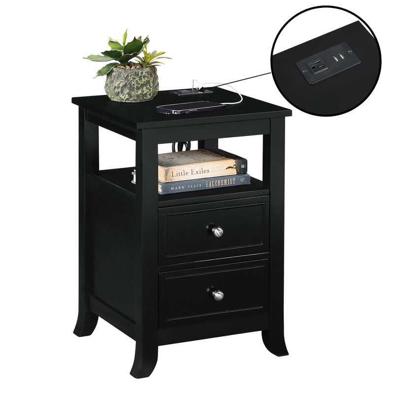 Breighton Home Melbourne 2 Drawer End Table with Charging Station and Shelf Black, 3 of 8