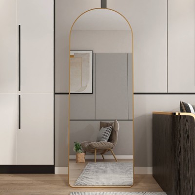 FONTOI Floor Standing Mirror with Stand&Arched Top, Wall Mounted Hanging Mirror, Dressing Mirror for Cloakroom, Bedroom, Golden, 23"*0.6"*65"