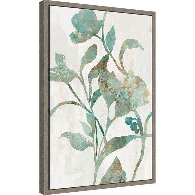 Aqua and Gold Floral Canvas Print with Gray Frame