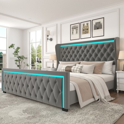 NicBex Queen/King Upholstered Bed Frame with Wingback Headboard,Platform Bed Frame with Adjustable LED Light,Solid Wood Slats Support,Easy Assembly