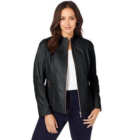 Jessica London Women's Plus Size Zip Front Leather Jacket - 32 W, Black ...