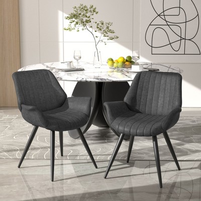 Kumasinova Sleek Dining Chairs with Flared Armrests,Set of 2,Mid-Century Modern Dining Room Chairs with Faux Leather Cushion,300lbs Capacity,Dark Gray