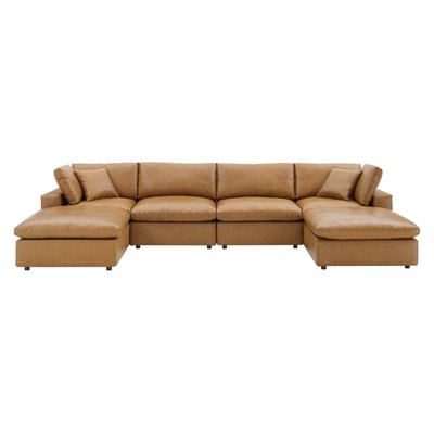 Tan leather u shaped shop sofa