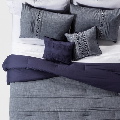 Blue Ford Geo Embroidered Chambray Comforter Set 5pc Jla Home