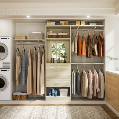 Aheaplus 96" Closet System with Mirror and 4 Drawers, Walk-In Closet Organizer with Hanging Rods