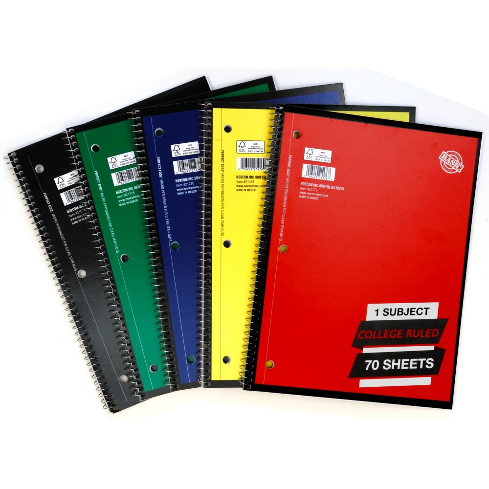 1 Subject College Ruled Solid Spiral Notebook (Colors May Vary) 5-Pack