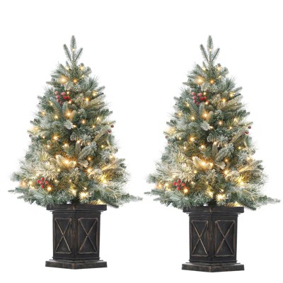 2 Pcs 3ft Prelit Artificial Christmas Tress with 78 Warm White Lights, Brown Lamp Base, Snow Flocked Xmas Tree for Christmas, Bedroom, Window Decor