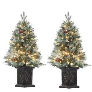 2 Pcs 3ft Prelit Artificial Christmas Tress with 78 Warm White Lights, Brown Lamp Base, Snow Flocked Xmas Tree for Christmas, Bedroom, Window Decor - 1 of 4