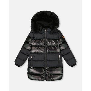 Deux par Deux Girl Long Metallic Puffy Coat Black - 1 of 4