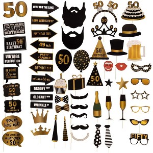 Blue Panda 60-Pack 50th Birthday Photo Booth Props Kit, Black and Gold Theme Party Supplies, Selfie Props, Party Favors for Cocktail Parties & - 1 of 4