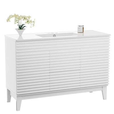 ROOMTEC 24 in. Bathroom Vanity with Ceramic Sink, Mid-Century Cabinet with 2 Soft-Close Doors, Freestanding, Wood Grain Laminate, Walnut