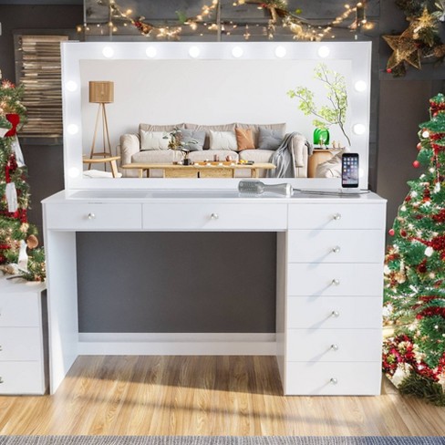 White Vanity with Lights and Drawers for a Chic Bedroom