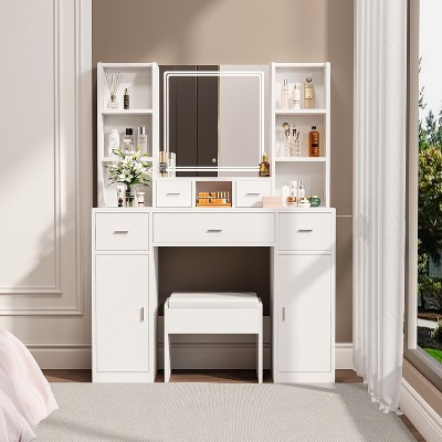 Okak Vanity Set with USB Charging Station, 5-Drawer Makeup Desk, 2 Cabinets & LED Mirror for Bridal Gift