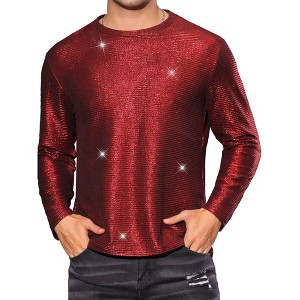 Lars Amadeus Long Sleeves Party Shiny Stripes Printed Metallic T-Shirt - 1 of 4