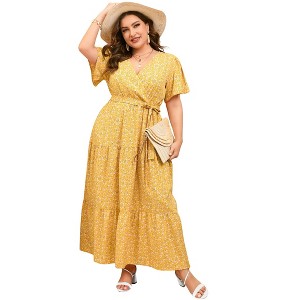 BLUEMING Summer Maxi Dress for Plus Size Women Tie Wasit Surplice Dress Flutter Sleeve A-Line Dress - 1 of 4