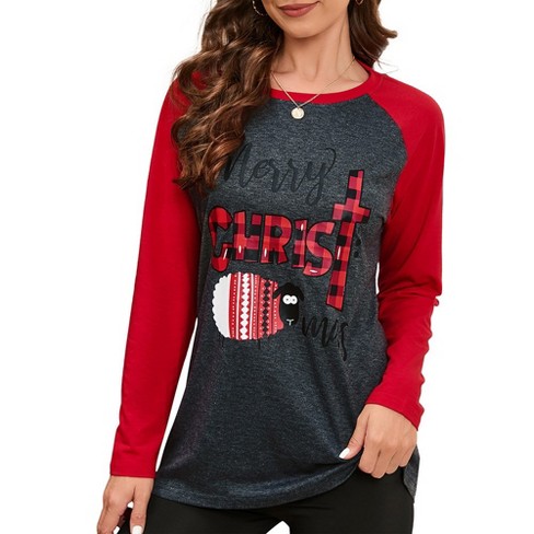 Merry Christmas Sweatshirts For Women Pattern Cute Long Sleeve Raglan Baseball Pullover Top - image 1 of 4