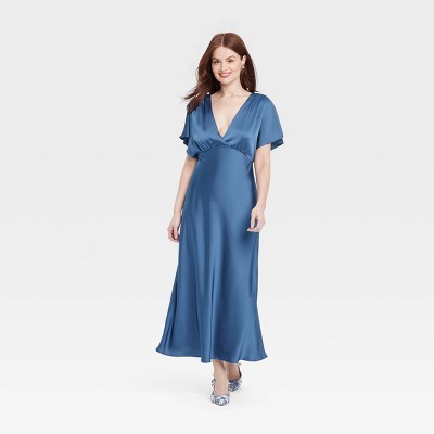 Women's Satin Flutter Short Sleeve Maxi A-Line Dress - A New Day™