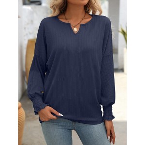 Women's V-Neck T-Shirt Ruffle Cuff Drop Shoulder Long Sleeve Top - 1 of 4
