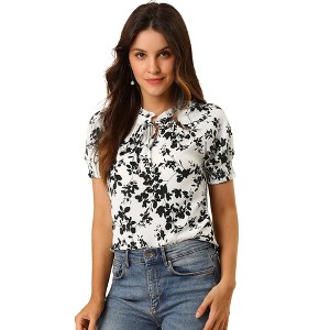 Allegra K Women's Ruffle Tie V-Neck Casual Smocked Short Sleeve Floral Top - 1 of 4
