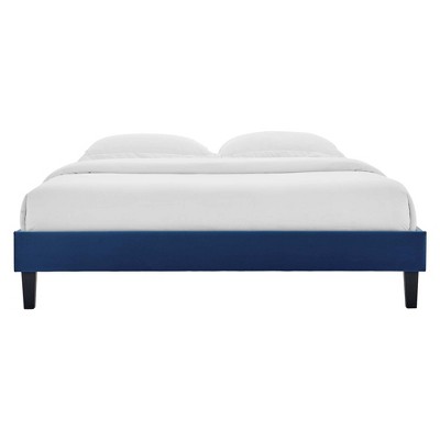 Elegant Navy King Platform Bed with Velvet Upholstery and Wood Frame