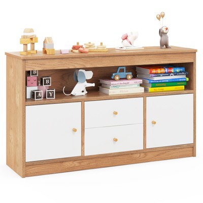 Tangkula Kids Bookshelf Toy Storage Organizer with Spacious Tabletop Wooden Display Storage Cabinet Natural
