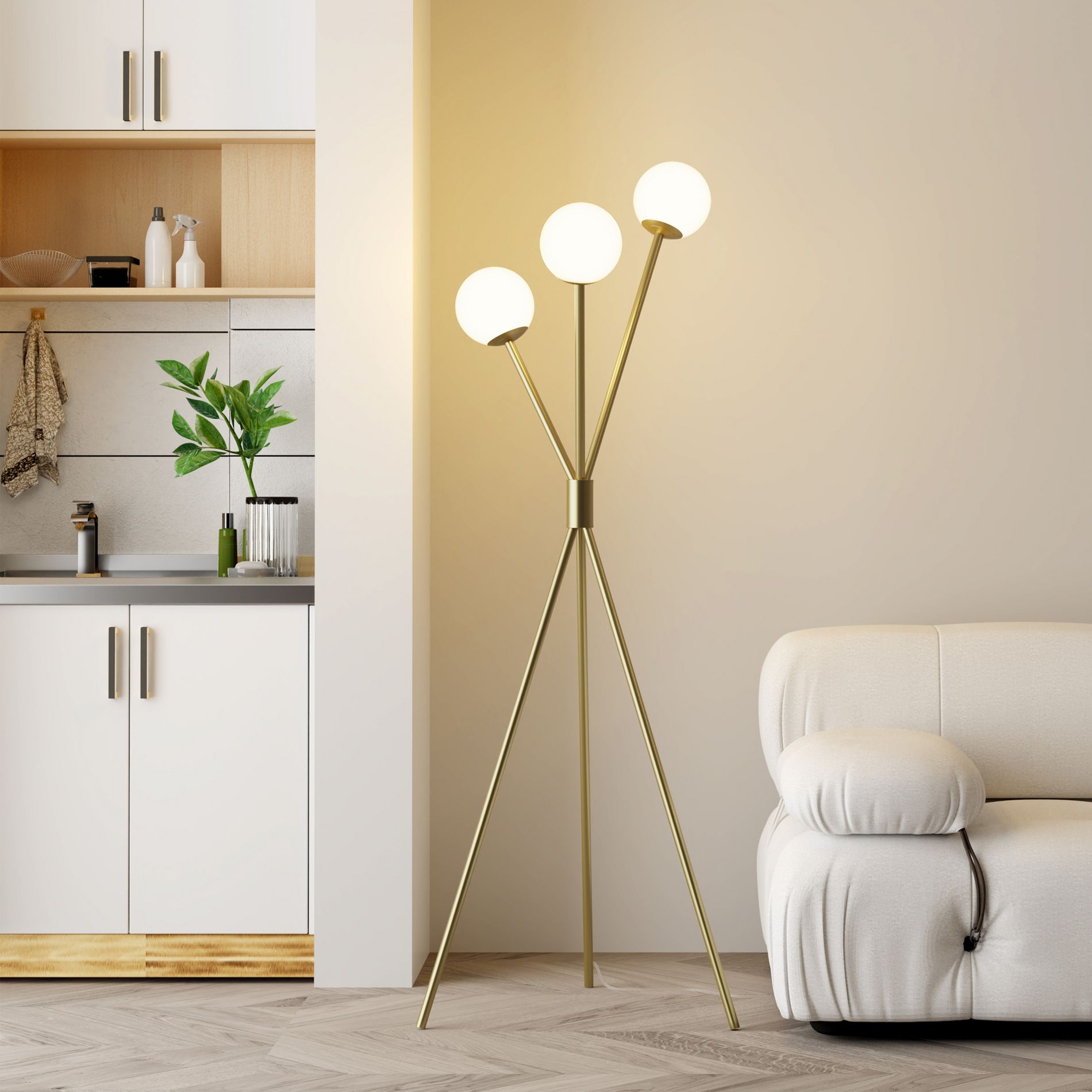 Maxax 65” Brass Gold Tripod Floor Lamp for Living Room, 3 Lights Globe Mid Century Floor Lamp Modern Reading Standing Lamp