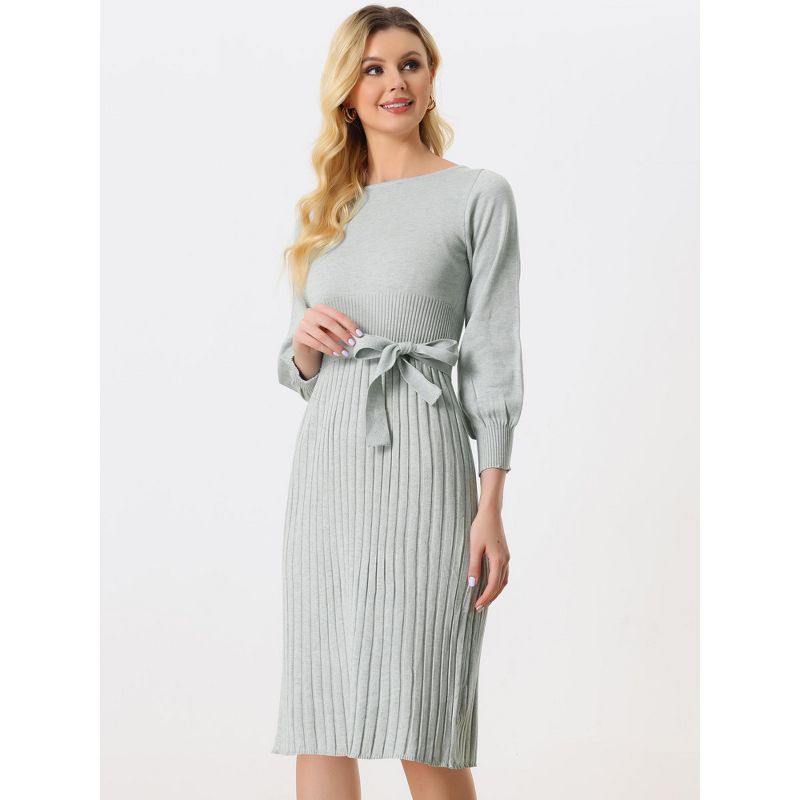 Allegra K Women's Knit Belted Round Neck Lantern Sleeves Casual Pleated Sweater Dresses, 2 of 6
