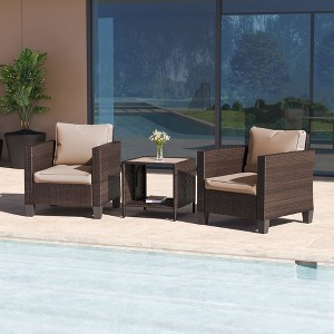 Sonkuki 3-Piece Patio Sofa Set Wicker Furniture Set Brown/Gray Rattan with Side Table - 1 of 4