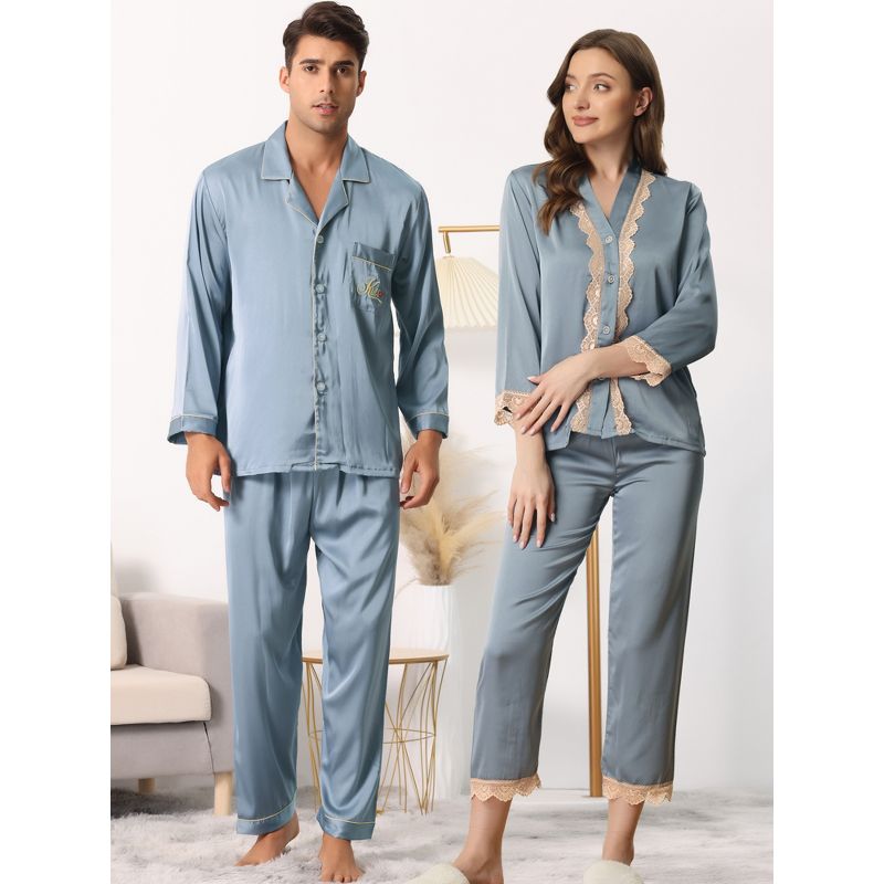 cheibear Men's Sleepwear Long Sleeve Button Down Shirt Pants Matching Couple Pajama Sets, 2 of 7
