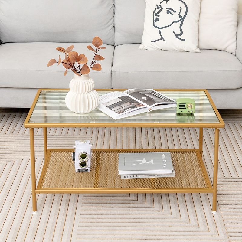 Costway 2-Tier Coffee Table with Shelf with Tempered Glass Top & Metal Frame Living Room, 2 of 11