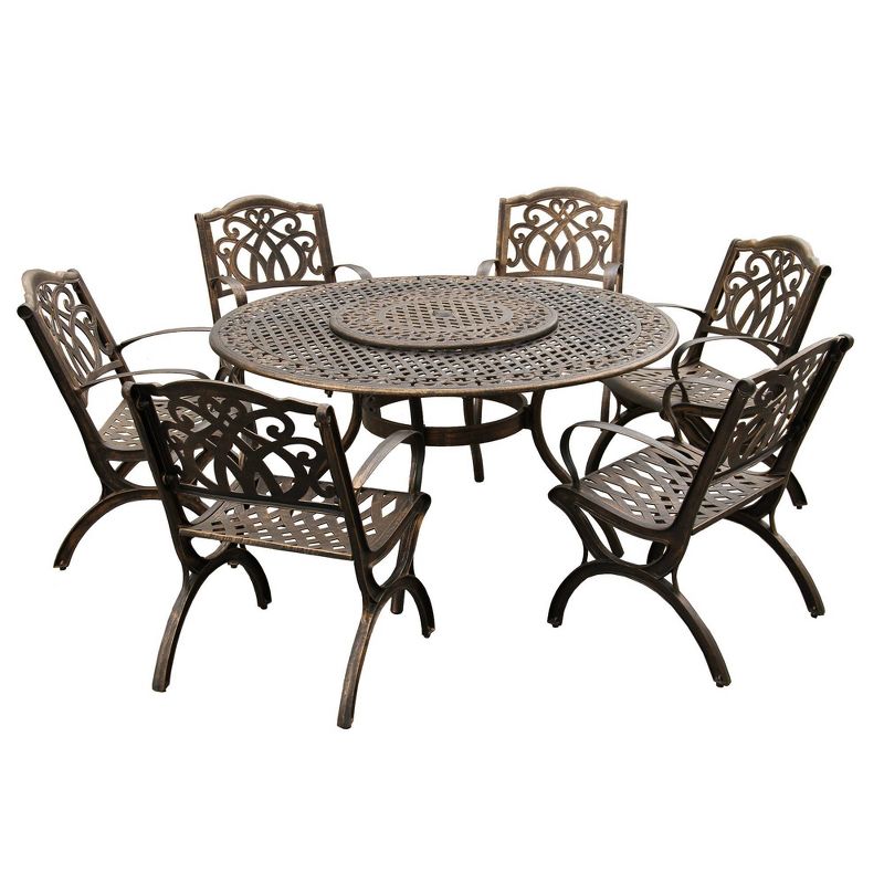 7pc Patio Dining Set with 59&#34; Modern Ornate Outdoor Mesh Aluminum Round Patio Dining Set with Lazy Susan - Bronze - Oakland Living, 1 of 7