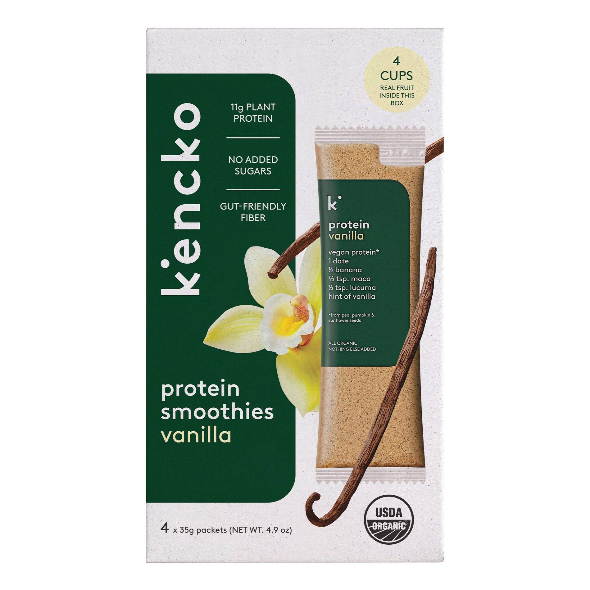 Kencko Vanilla Organic Instant Fruit and Veggie Protein Smoothies Powdered Drink Mix - 4pk/1.23oz Packets