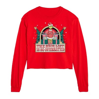 Dr. Seuss The Grinch Christmas Nice List Is So Overrated Cropped Long Sleeve T-Shirt - Red - 2 X-Large