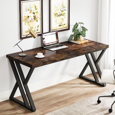 Rustic Brown Wood Writing Desk with Z-Shaped Metal Legs