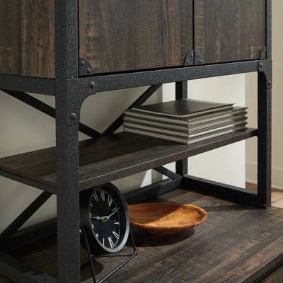 Carbon Oak Industrial China Cabinet with Metal Frame