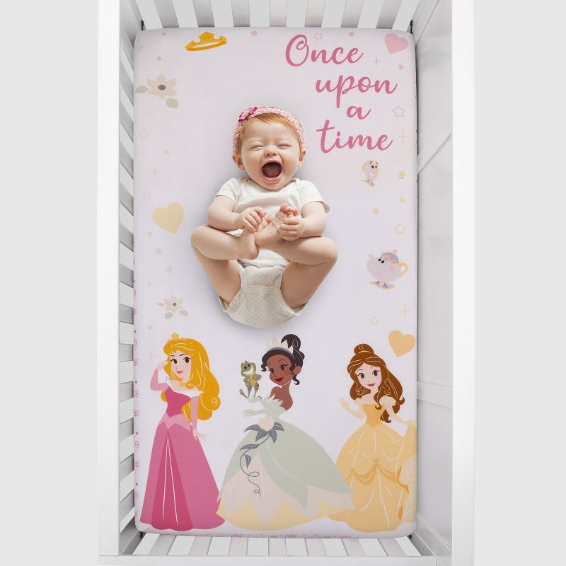 Disney Princess Make A Wish Pink, White and Yellow "Once Upon a Time" Nursery Photo Op Fitted Crib Sheet, 4 of 5