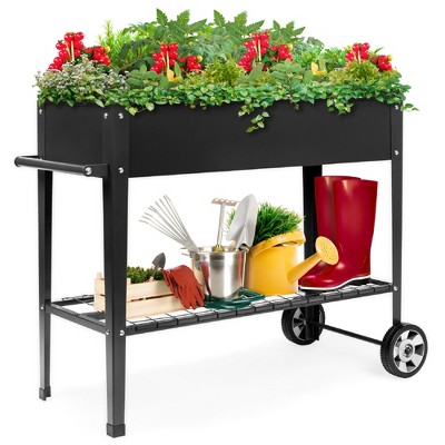 Best Choice Products Mobile Raised Ergonomic Metal Planter Garden Bed w/Wheels, Lower Shelf, 38x16x32in, Dark Gray