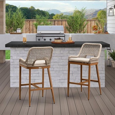 PURPLE LEAF Bar Stools Set of 2 Height Metal Bar Chairs with Back Modern Aluminum Tall Comfy Wicker Woven Boho Barstools Garden Pool Patio Outdoor