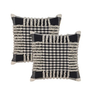HomeRoots Set of Two Black and Ivory Plaid Cotton Throw Pillow With Fringe - 1 of 4